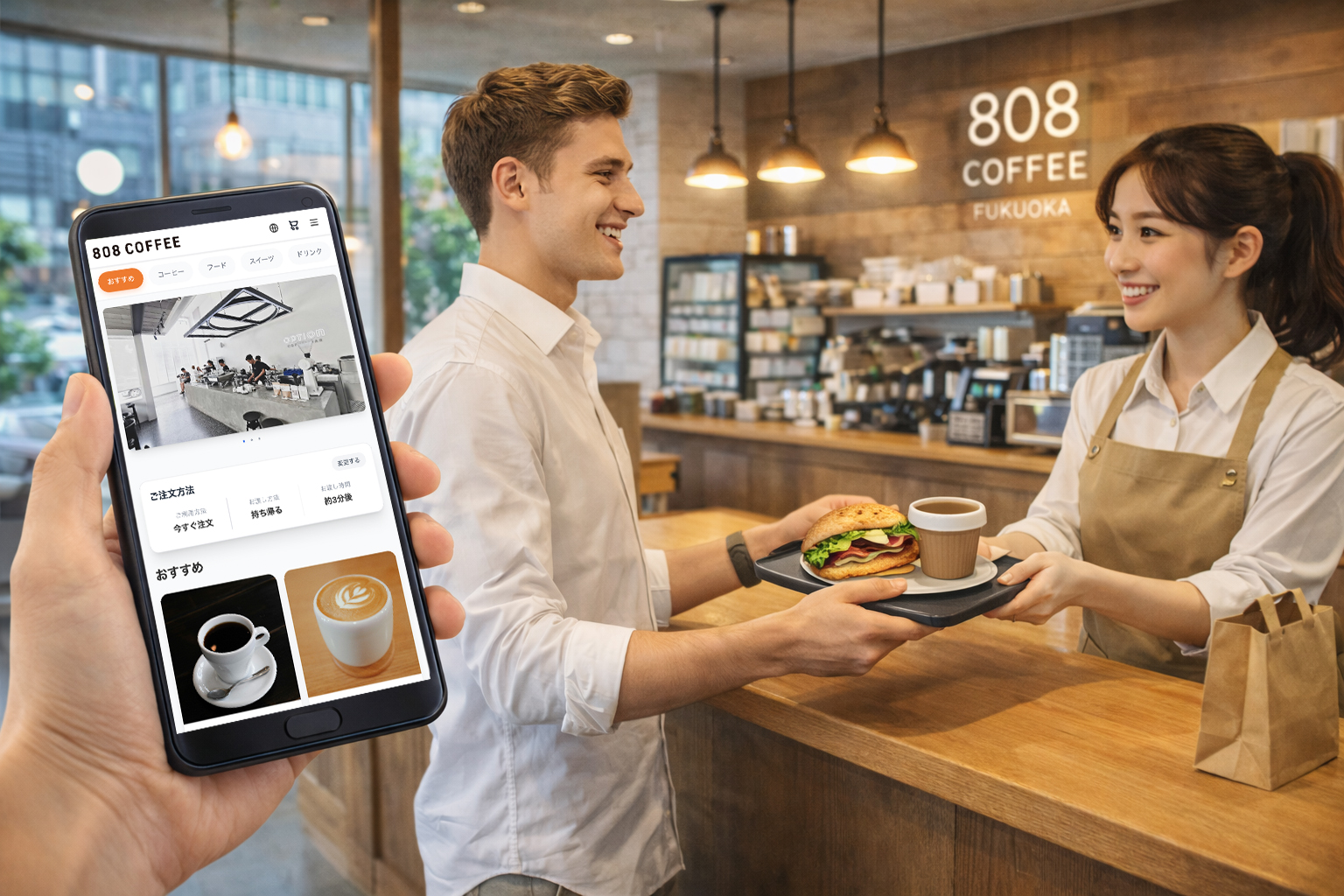 Googleマップからモバイルオーダーで注文し、店舗で受け取るイメージ